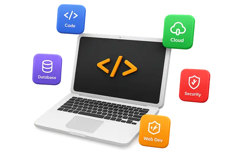 Laptop displaying code, surrounded by icons for Code, Cloud, Database, Security and Web Dev